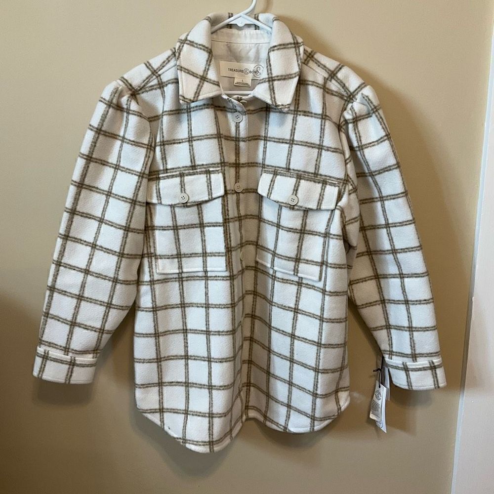 Treasure & Bond Plaid Puff Sleeve Jacket, Ivory Carsonpane. Large. Nwt — image 2 of 8